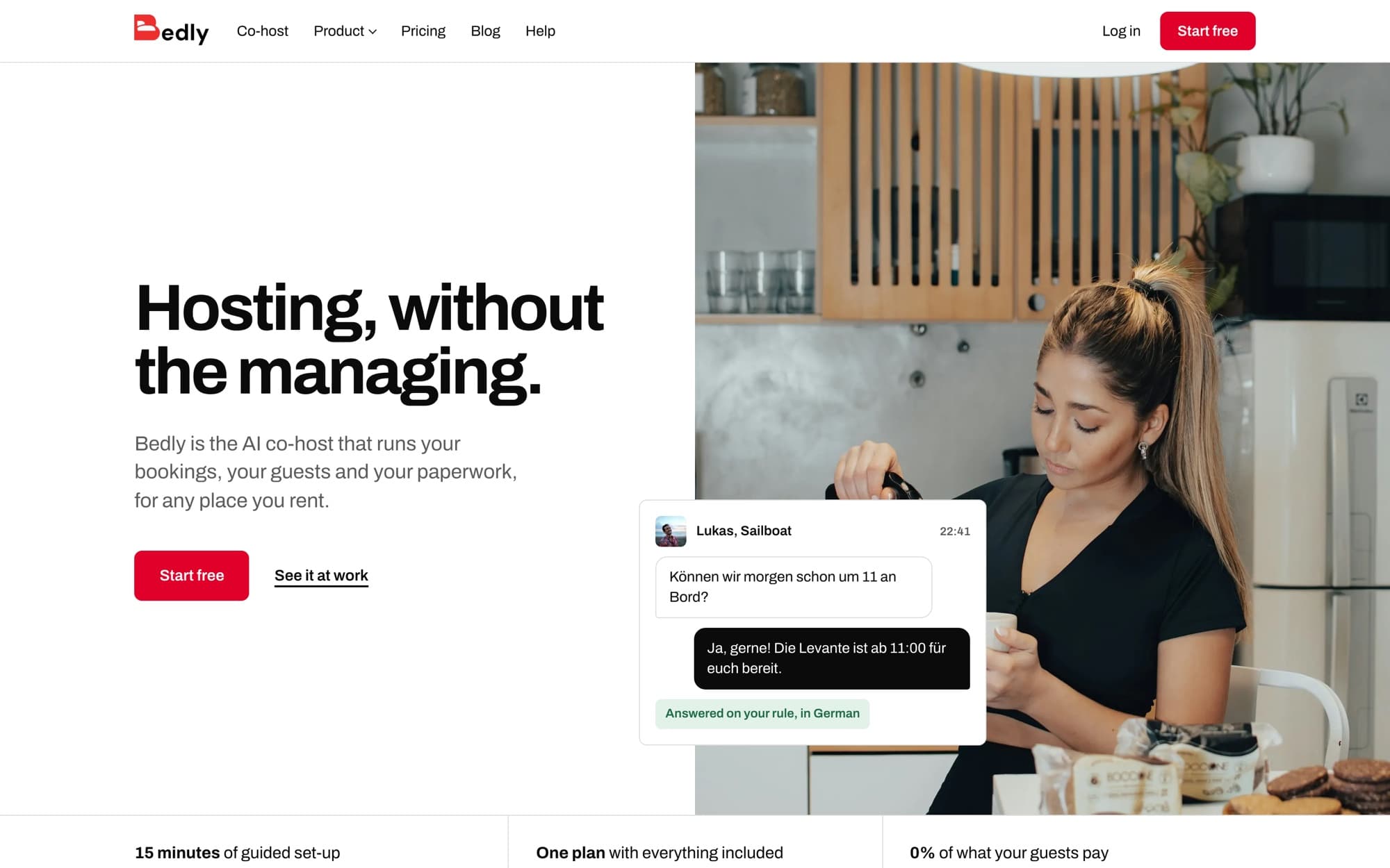 The new Bedly home page: the headline Hosting, without the managing beside a host making coffee, with a chat where the AI co-host answers a guest in German.