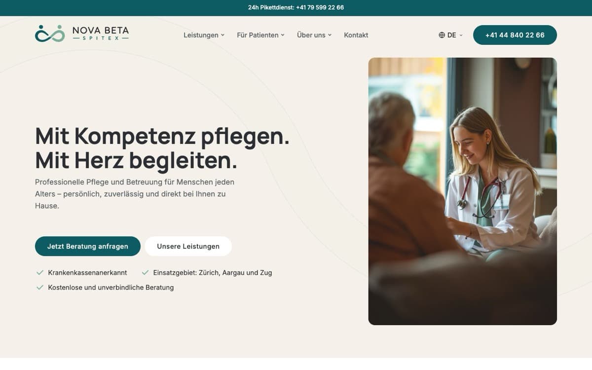 The Nova Beta Spitex home page: a headline about home care beside a photo of a nurse with a patient.